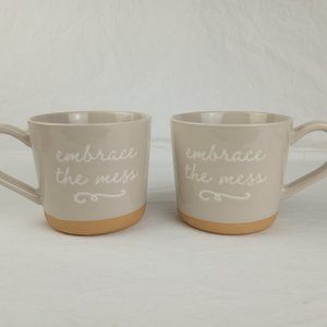 New Pair of 2 Threshhold EMBRACE THE MESS Stoneware Cups Mugs 15 OZ Beige